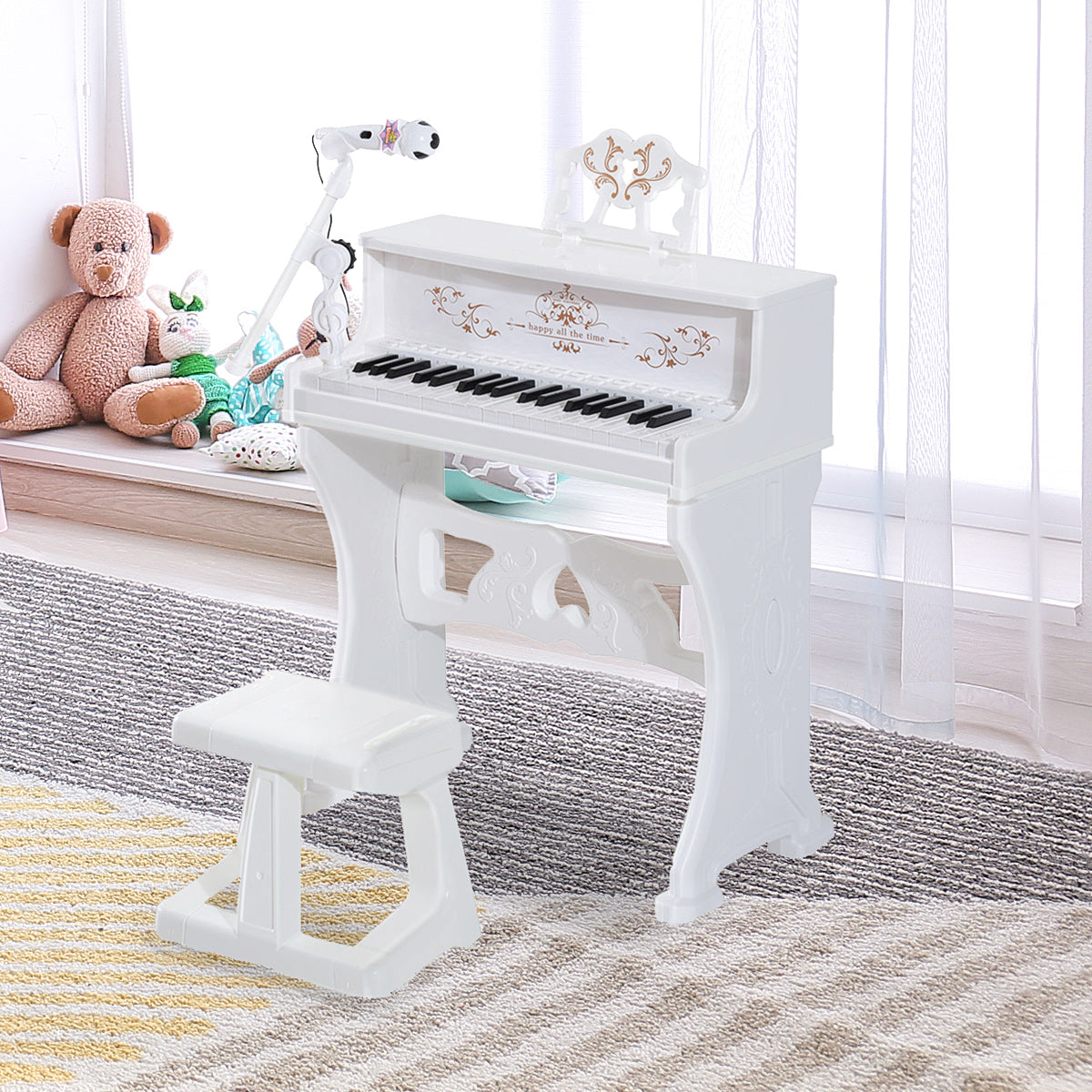 HOMCOM 37 Keys Kids Piano Mini Electronic Keyboard Light Kids Musical Instrument Educational Game Children Grand Piano Toy Set w/Stool & Microphone