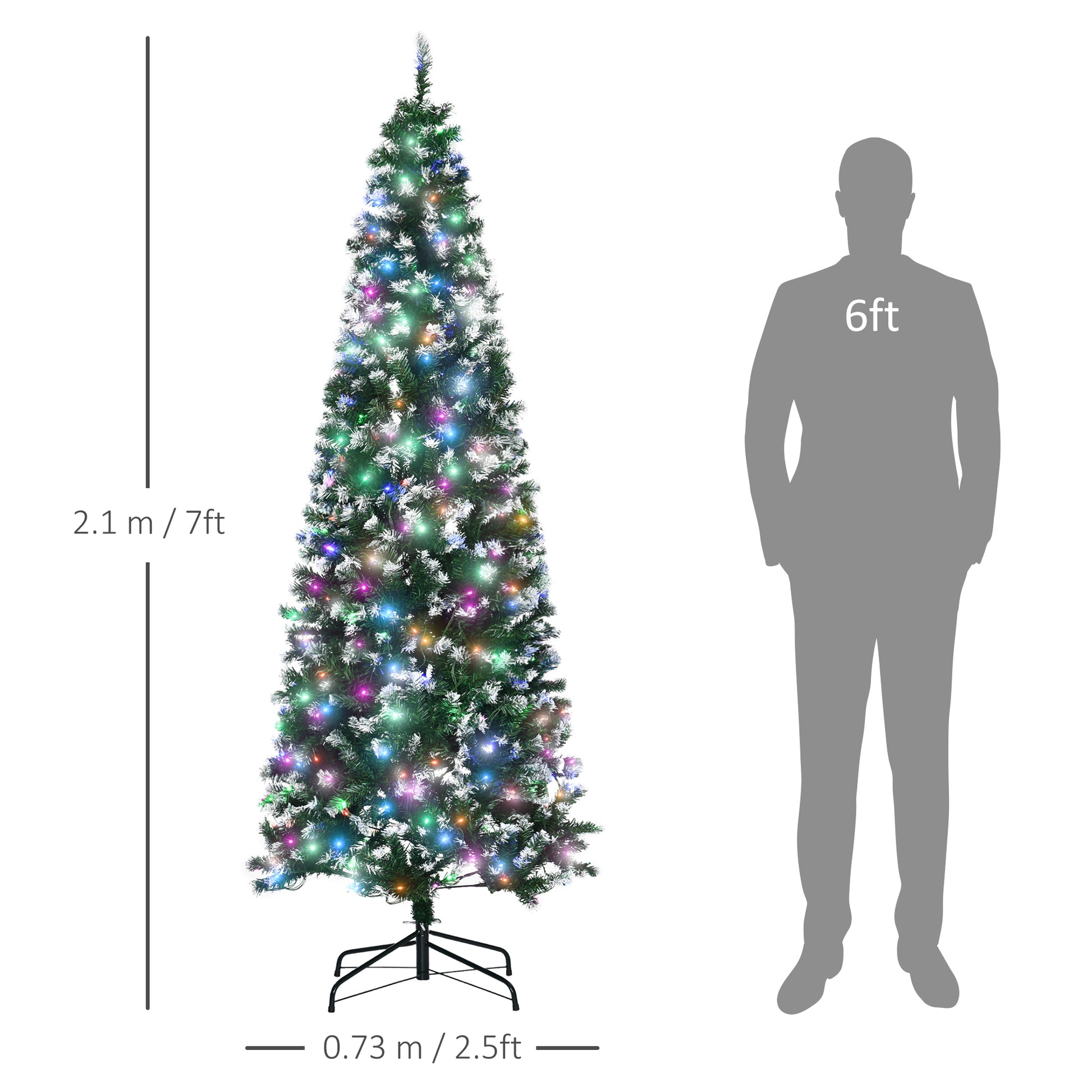 HOMCOM 7' Tall Prelit Pencil Slim Artificial Christmas Tree with Realistic Branches, 350 Colourful LED Lights and 818 Tips, Xmas Decoration, Green