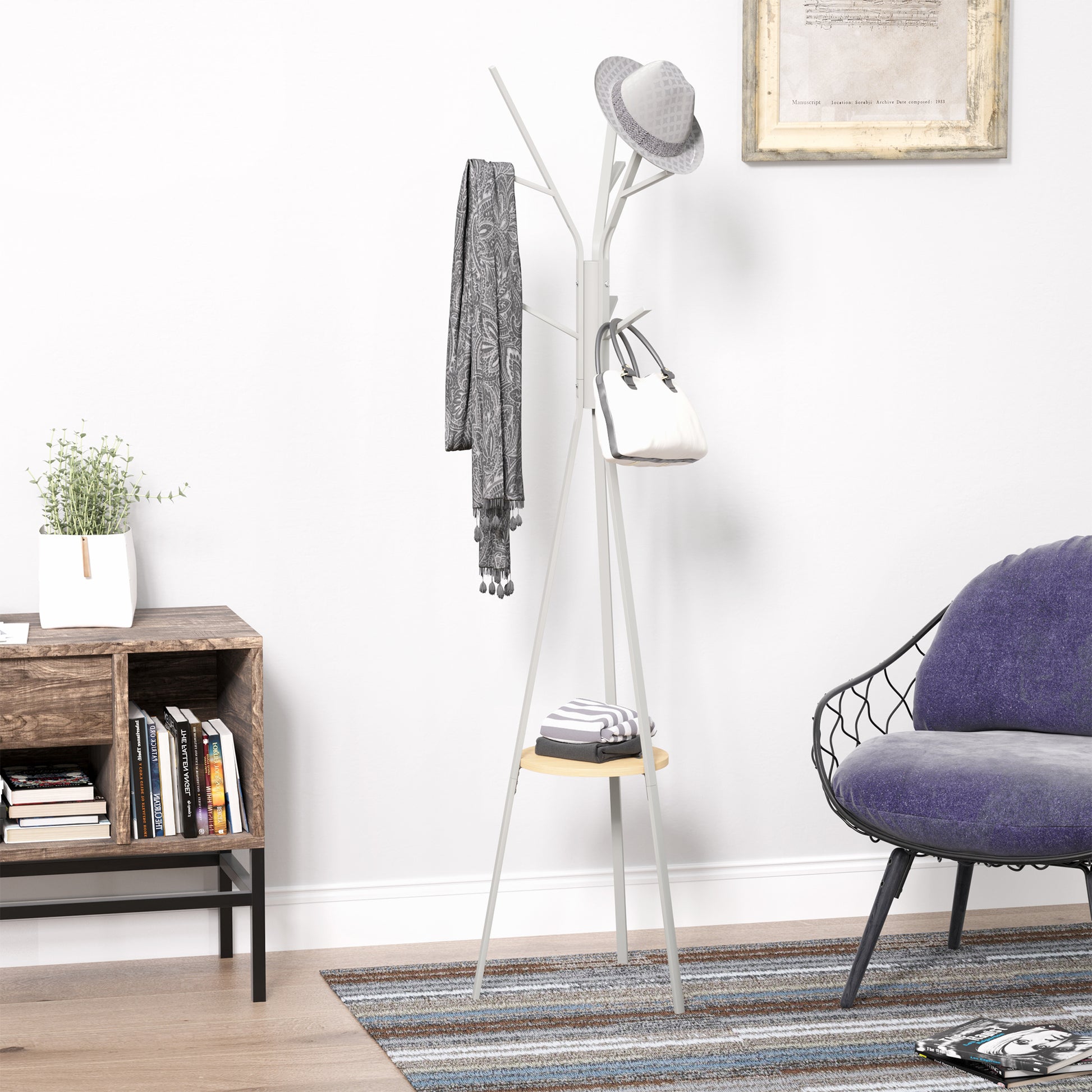 HOMCOM 180cm Free Standing Metal Coat Rack Stand 9 Hooks Clothes Tree with 1 Shelf Hat Display Hall Tree Hanger Bag for Hallway Living Room White