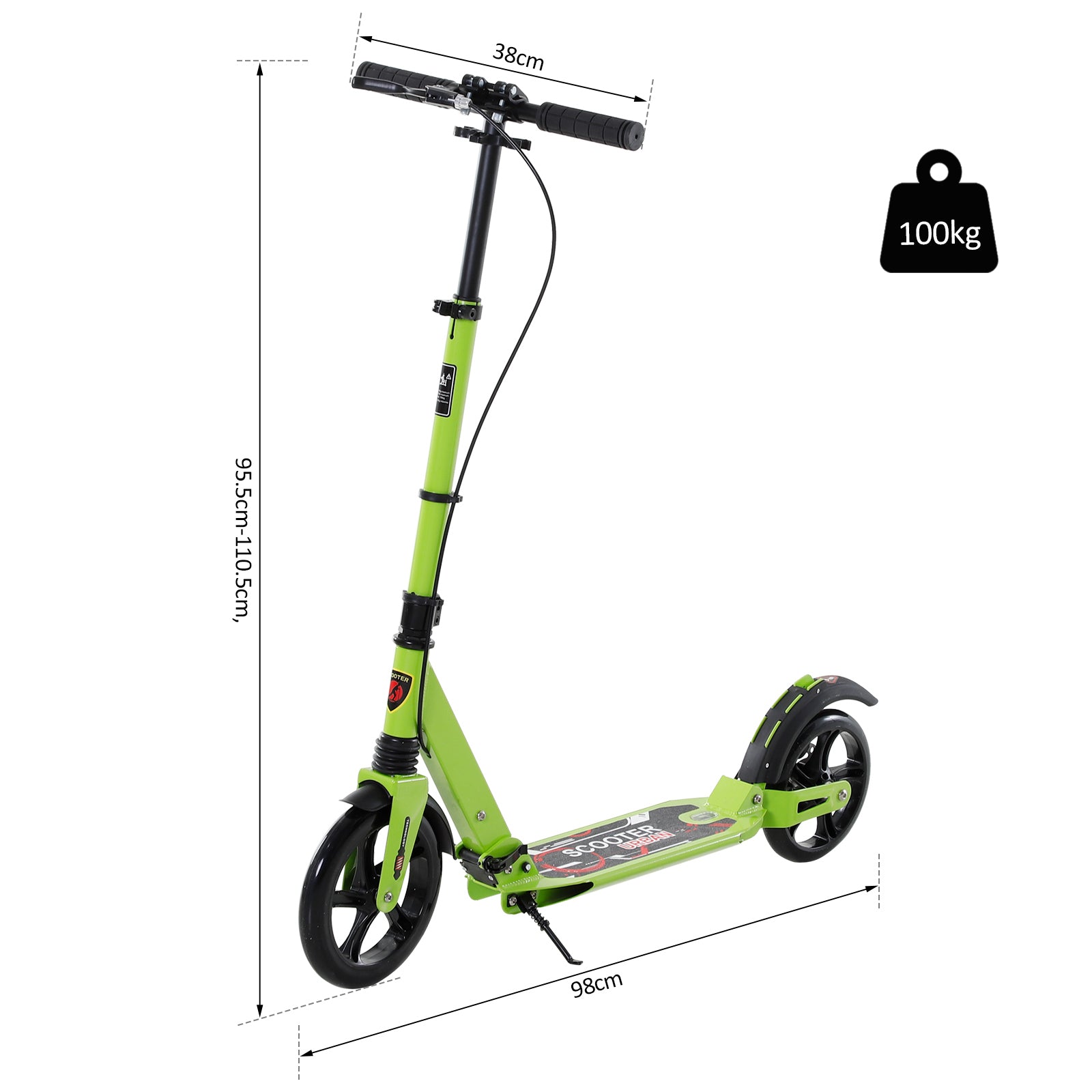 HOMCOM Teens Adult Kick Scooter Foldable Adjustable Aluminum Ride On Toy For 14+ w/ Dual Brake System, Shock Mitigation System - Green 95.5-110.5H CM