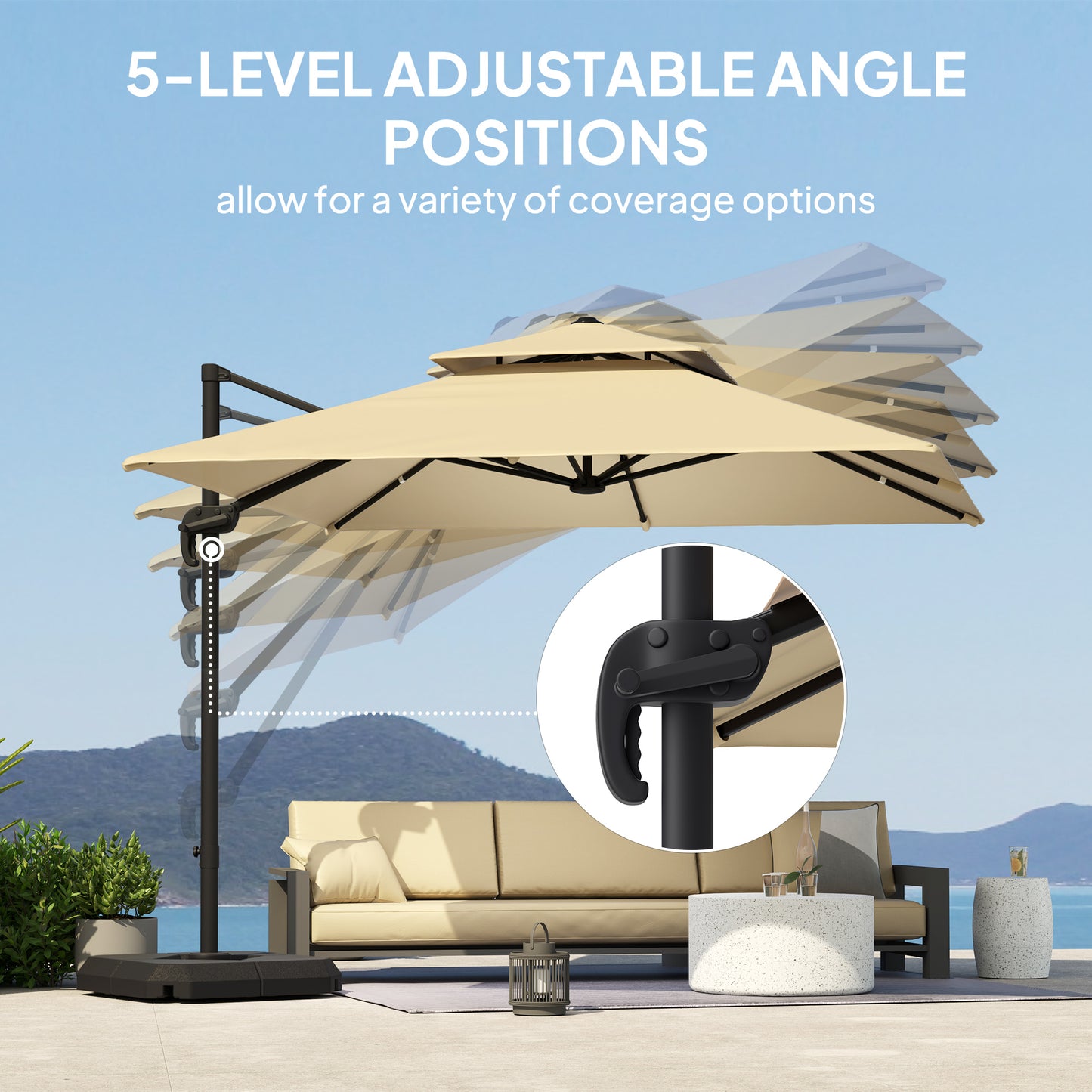 Outsunny 2.7 x 2.7(m) Cantilever Parasol with Aluminium Frame, Crank and Tilt, 360-Degree Rotation, Double Top Garden Umbrella with Base and Cover, Khaki