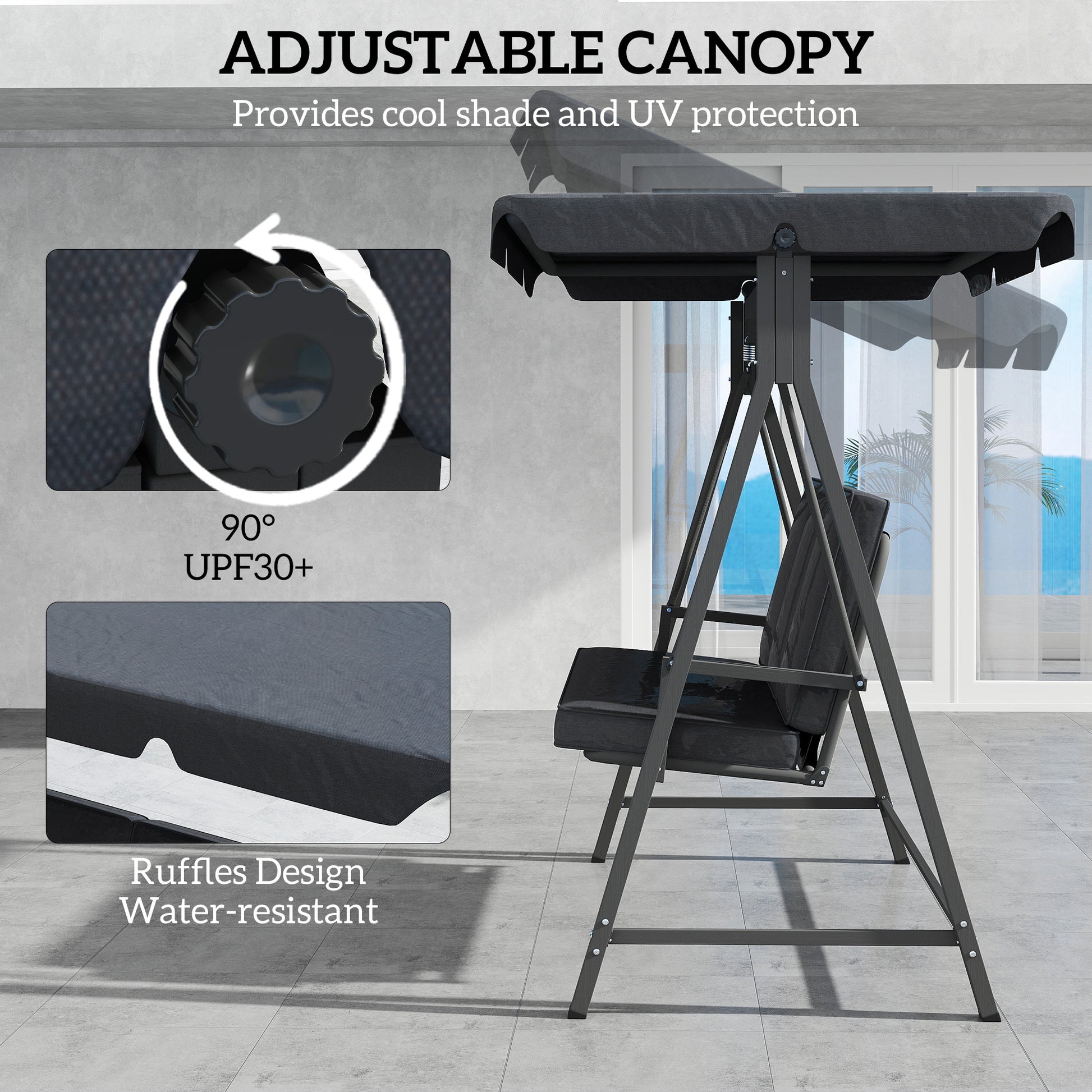 Outsunny Three-Seater Garden Swing Bench, with Adjustable Canopy - Dark Grey