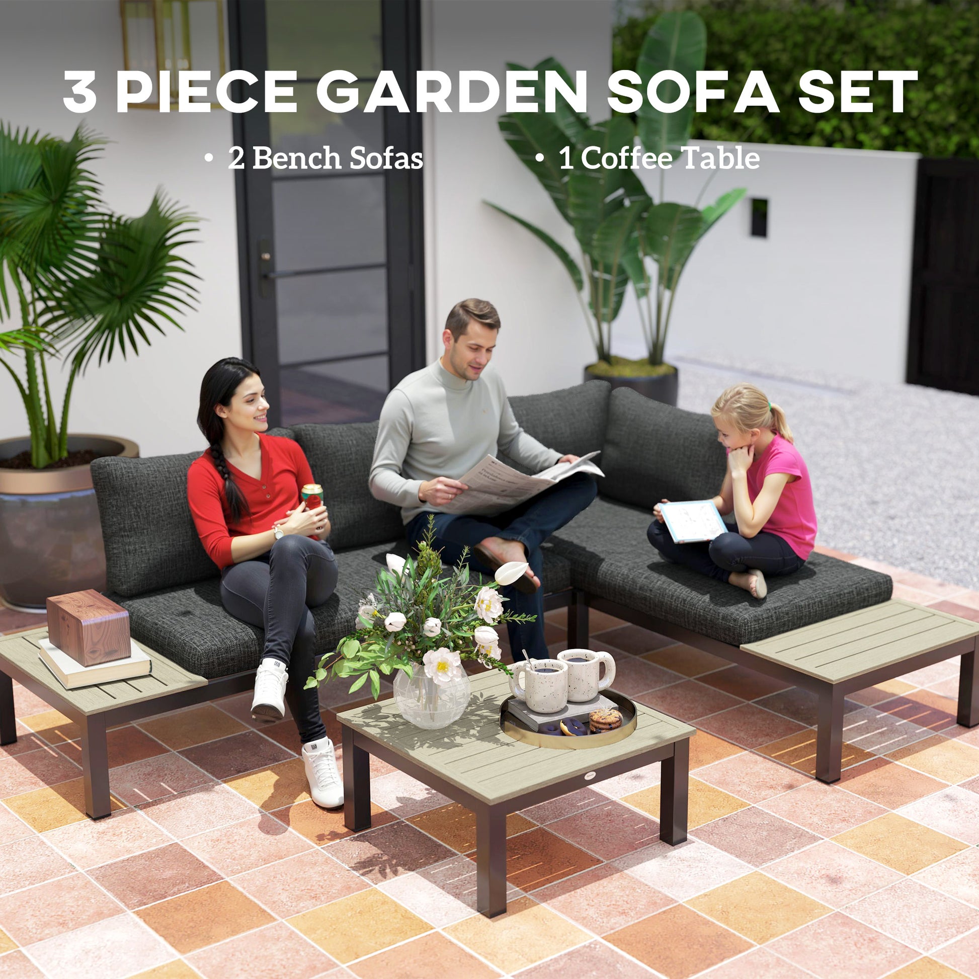 Outsunny 3 Pieces Garden Furniture Set, Aluminium 4 Seater Corner Sofa Set with 2 Loveseats, Coffee Table and Side Trays, Outdoor Conversation Furniture with Cushions for Garden, Dark Grey