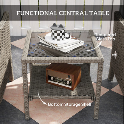 Outsunny 5 Piece Rattan Garden Furniture Set, Wicker Patio Sofa Set with 2 Armchairs, 2 Footstools, Glass Top Coffee Table with Shelf, Outdoor Furniture with Adjustable Backrests, Cushions, Dark Grey