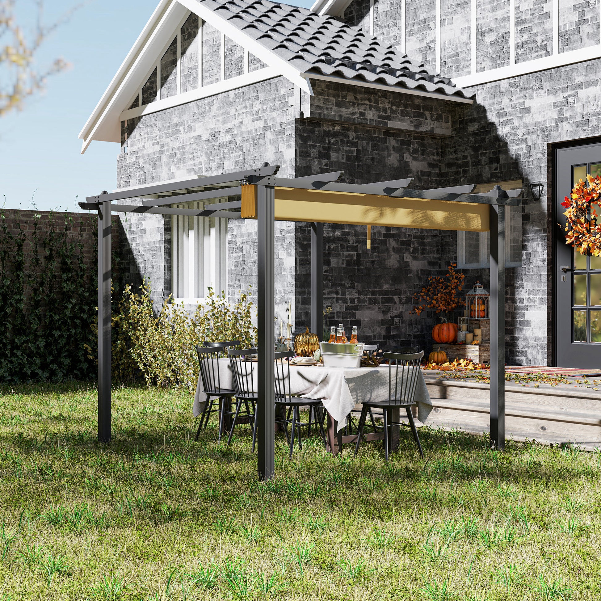 Outsunny 3 x 3m Aluminium Pergola, with Retractable Roof - Khaki