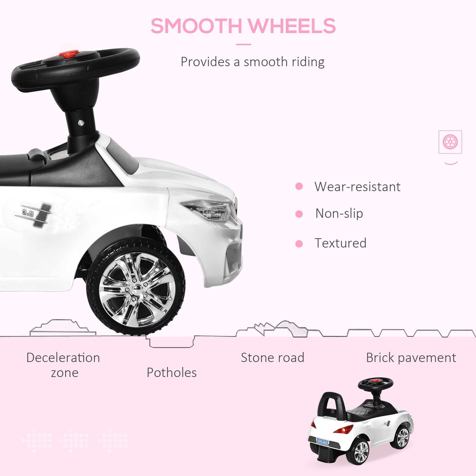 HOMCOM Ride on Sliding Car Baby Toddler Walker Foot to Floor Slider Stroller w/ Horn Music Working Lights Hidden Storage Big Steering Wheel White