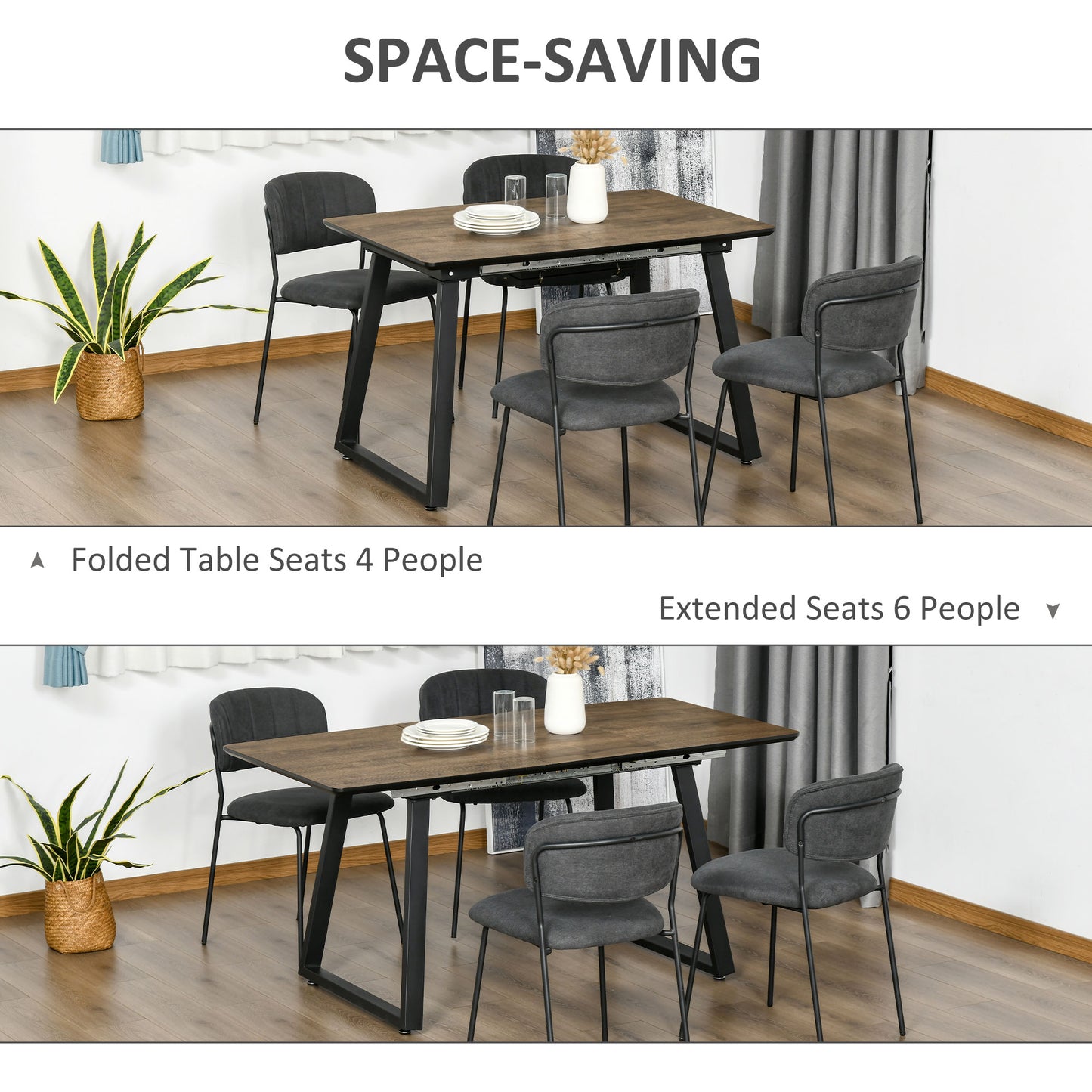 HOMCOM Extendable Dining Table Rectangular Wood Effect Tabletop for 4-6 People with Metal Frame & Hidden Leaves for Kitchen, Dining Room, Living Room