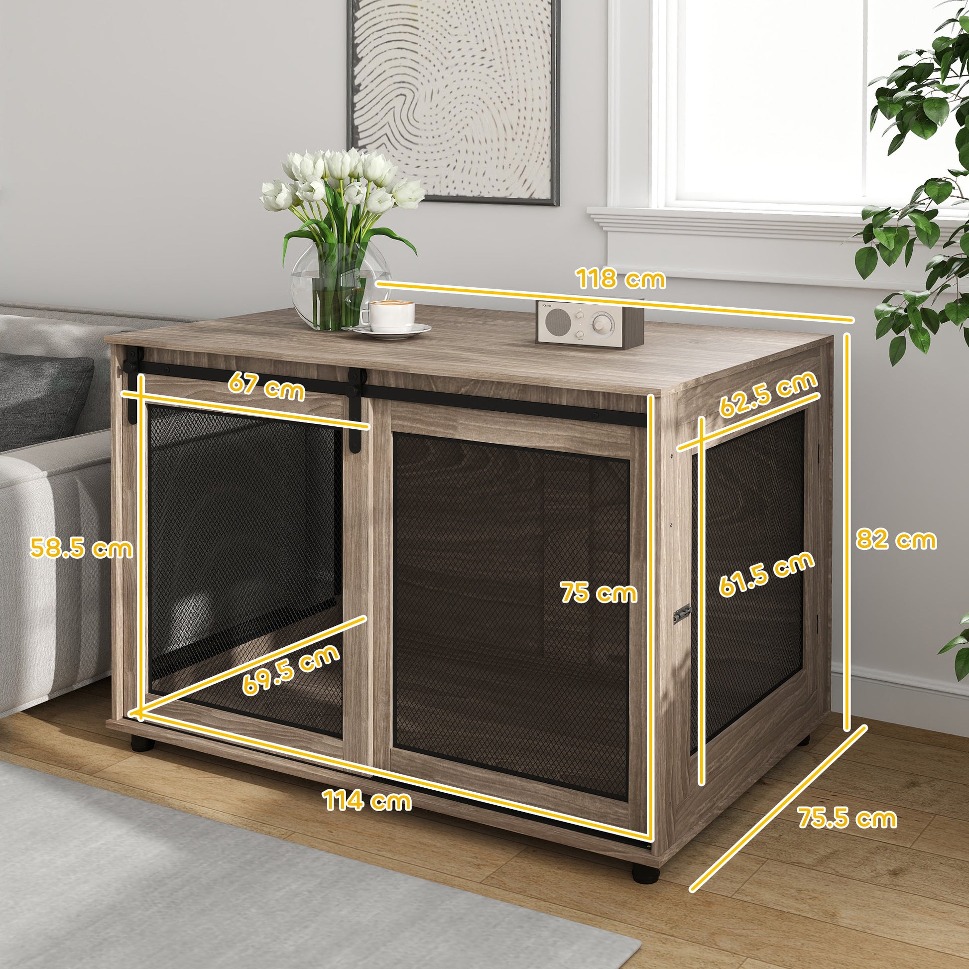 PawHut Dog Crate Furniture with Sliding Door for XL Dogs, Brown