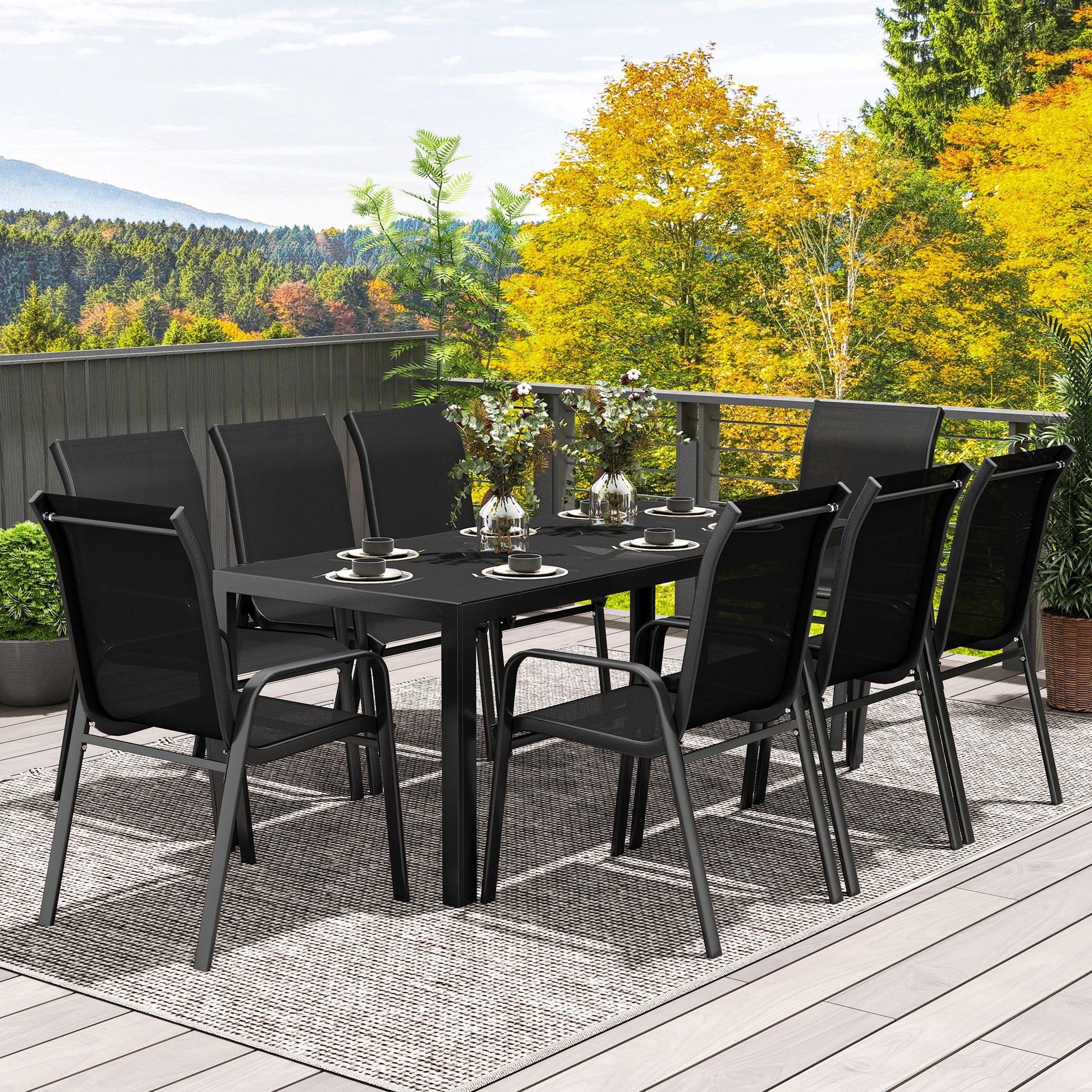 Outsunny 8 Seater Garden Dining Set with Stacking Chairs, Rectangular Tempered Glass Top, Garden Furniture Set, Outdoor Dining Table and Chairs for Patio, Balcony, Poolside, Black