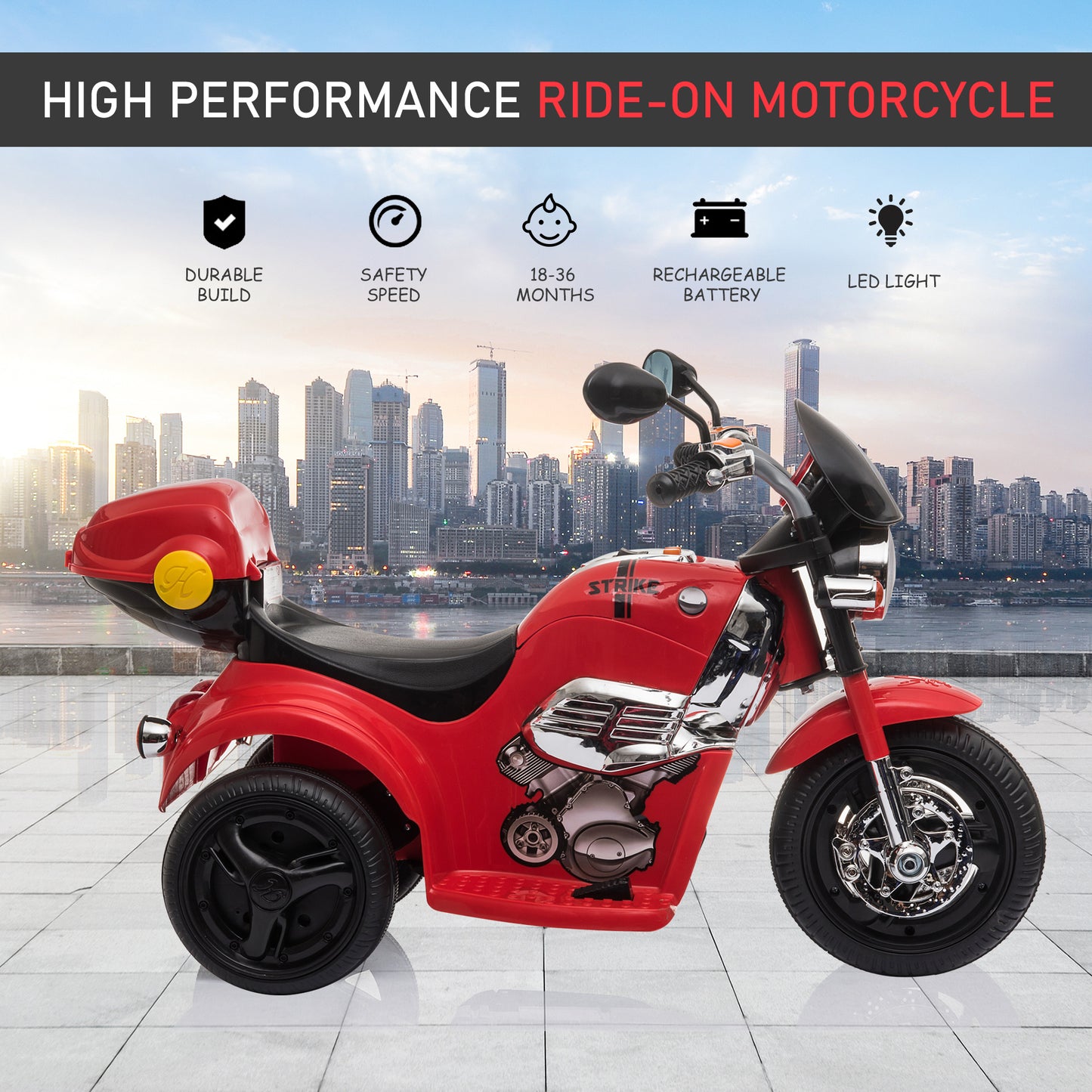 HOMCOM 6V Battery PP Kids Motorcycle Ride On Trike w/ Lights Music Horn 18 - 36 Months Red