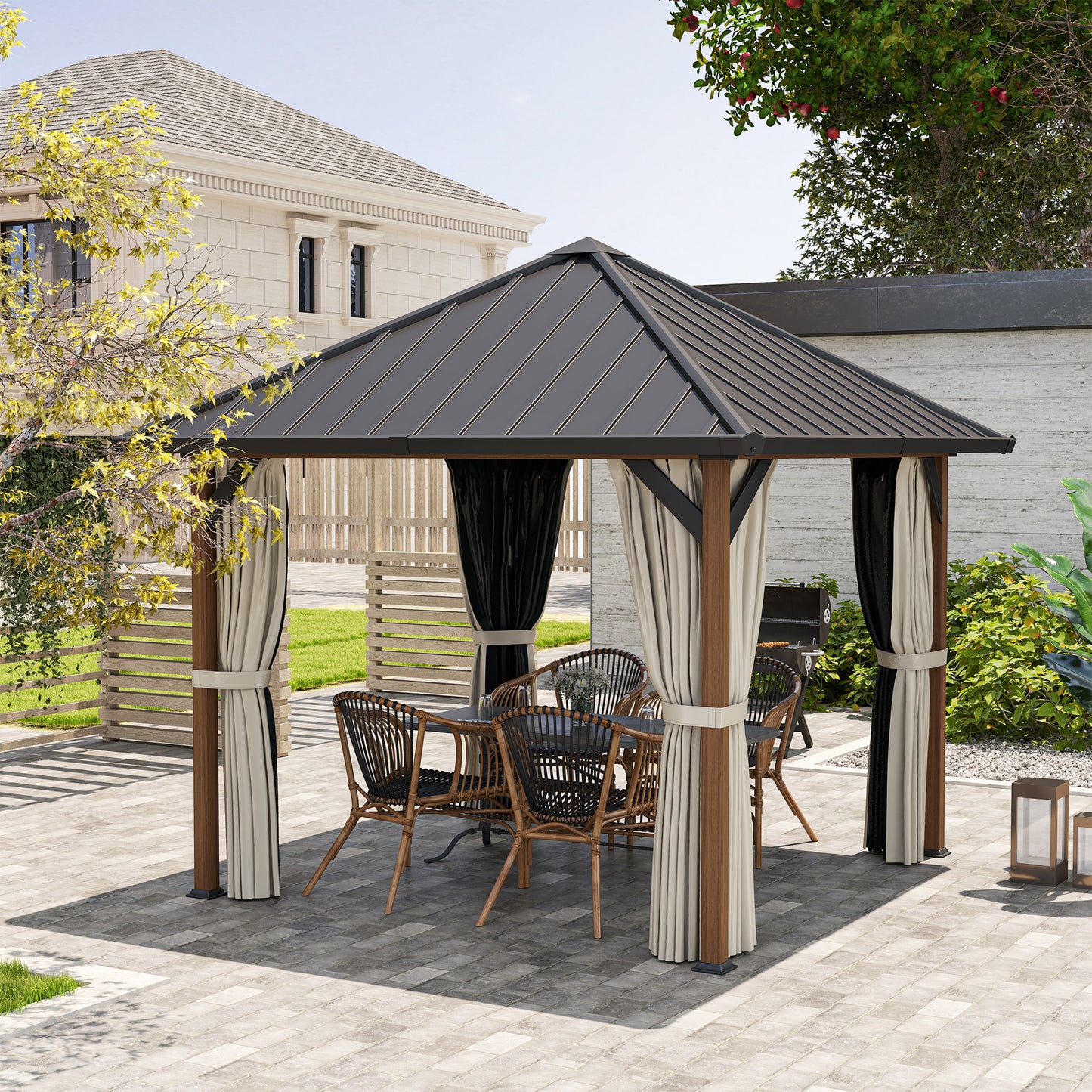 Outsunny 3 x 3(m) Hardtop Gazebo with Galvanised Steel Roof and Water Gutter, Waterproof Permanent Pavilion Garden Gazebo with Netting and Curtains for Patio, Deck, Walnut Wood Finish
