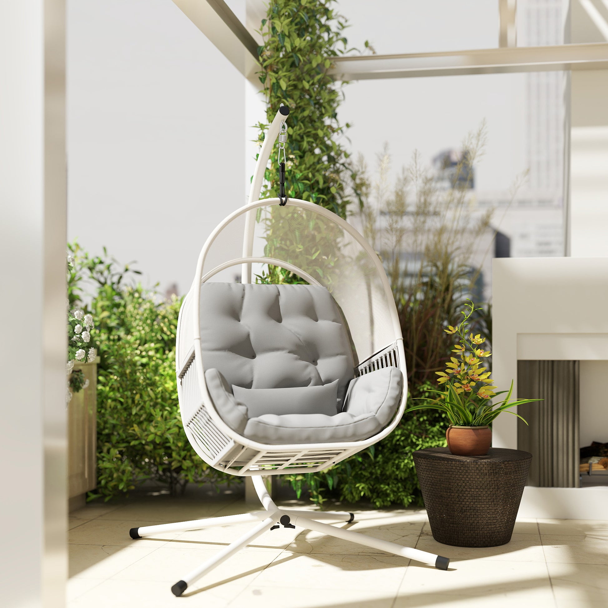 Outsunny Hanging Egg Chair Outdoor Indoor, Swing Hammock Chair with Stand, Cushions, Lumbar Pillow, Adjustable Height and Steel Frame for Garden Patio Lounge Porch, Light Grey
