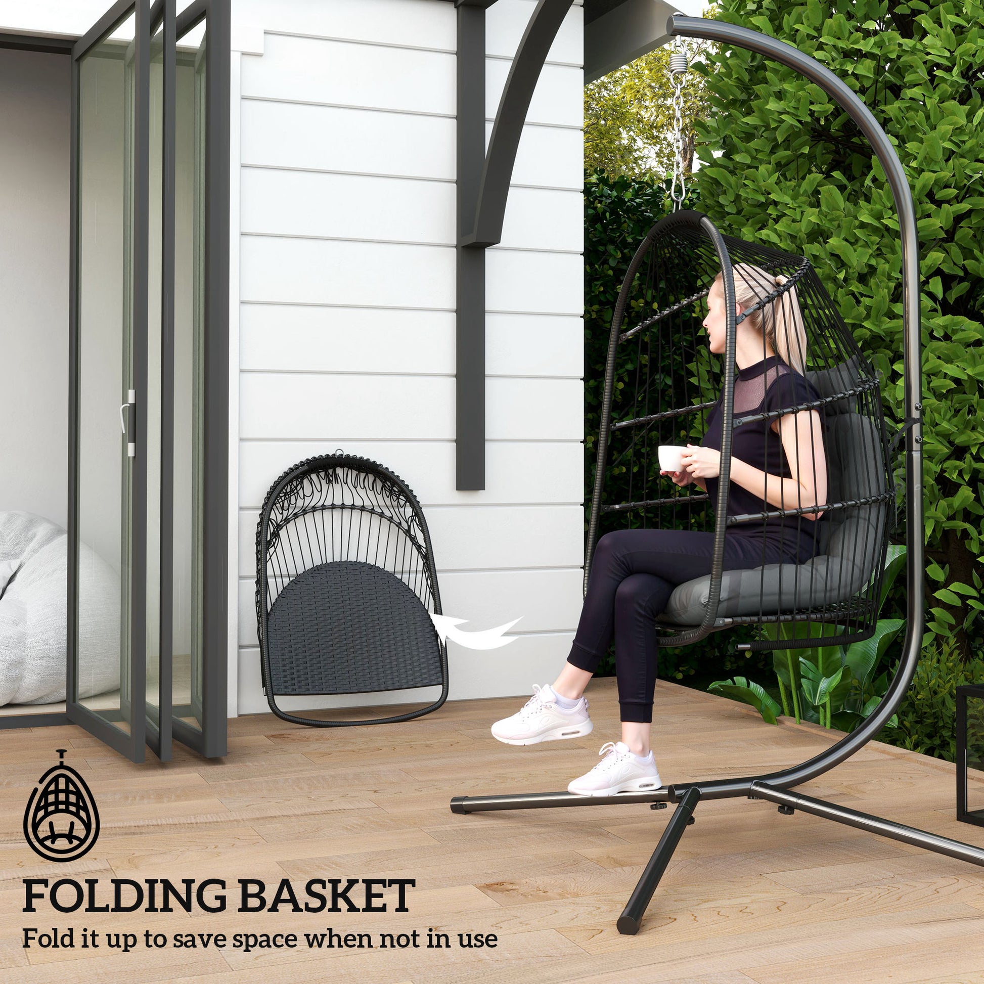 Outsunny Hanging Egg Chair, Foldable Rattan Garden Swing Chair with Installation Kit, Thickened Cushion and Headrest, Indoor Outdoor Hanging Egg Basket Seat for Patio, Porch, Dark Grey