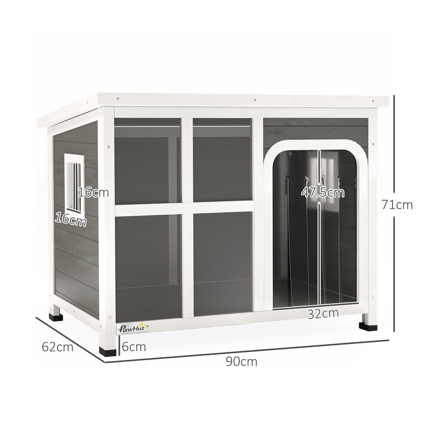 PawHut Wooden Outdoor Dog House with Asphalt Openable Top, Removable Floor, Clear Front Panel, Curtain, Light Grey