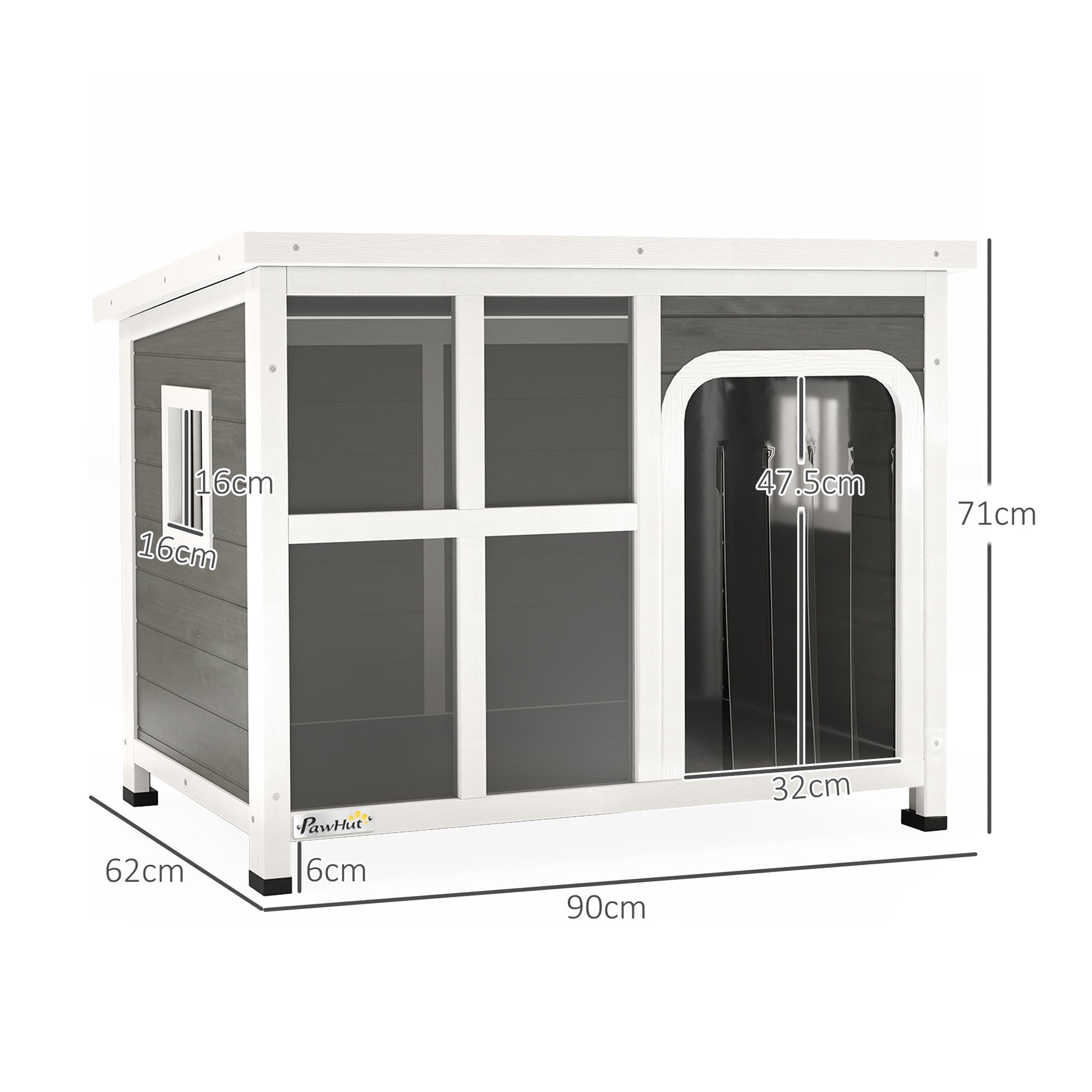 PawHut Wooden Outdoor Dog House with Asphalt Openable Top, Removable Floor, Clear Front Panel, Curtain, Light Grey