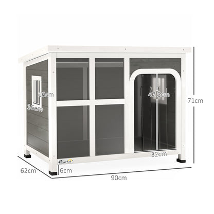 PawHut Wooden Outdoor Dog House with Asphalt Openable Top, Removable Floor, Clear Front Panel, Curtain, Light Grey
