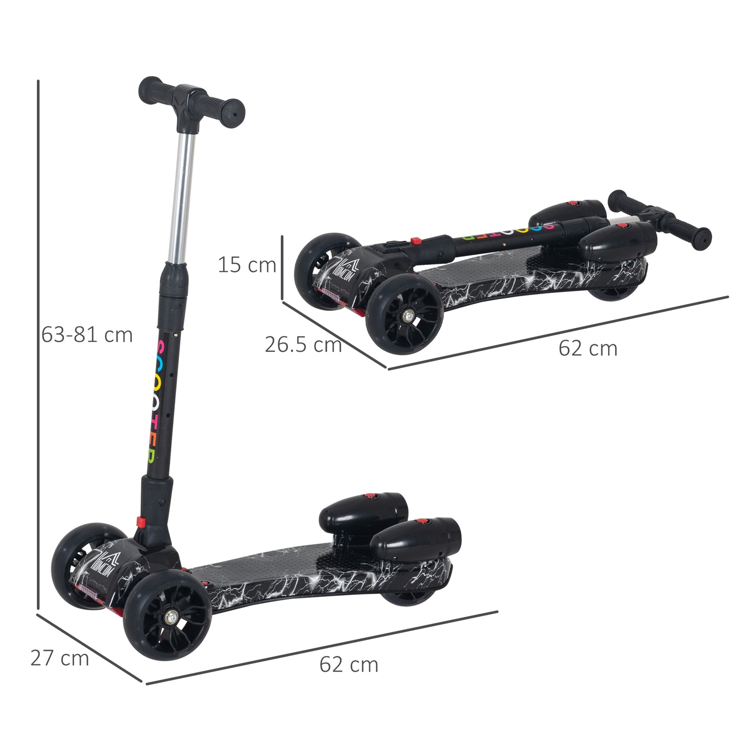 HOMCOM Kids 3 Wheel Scooter Adjustable Height w/ Flashing Wheels Music Water Spray Foldable Design Cool On Off Road Vehicle Black