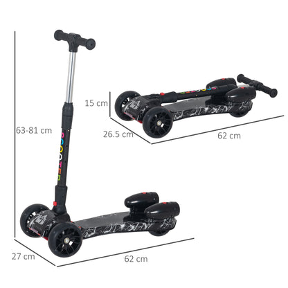 HOMCOM Kids 3 Wheel Scooter Adjustable Height w/ Flashing Wheels Music Water Spray Foldable Design Cool On Off Road Vehicle Black