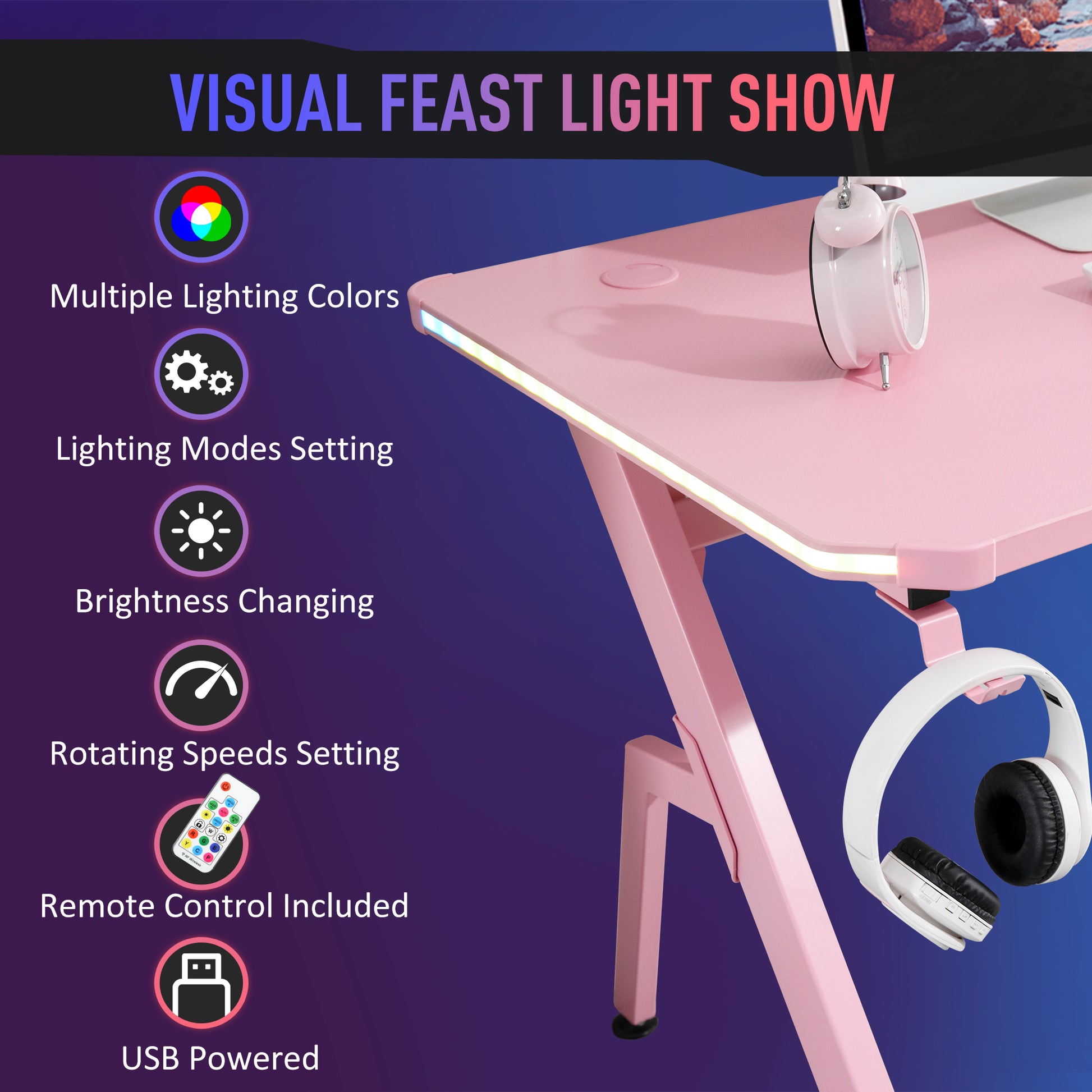 HOMCOM Gaming Desk Racing Style Home Office Ergonomic Computer Table Workstation with RGB LED Lights, Controller Rack & Cable Management, Pink