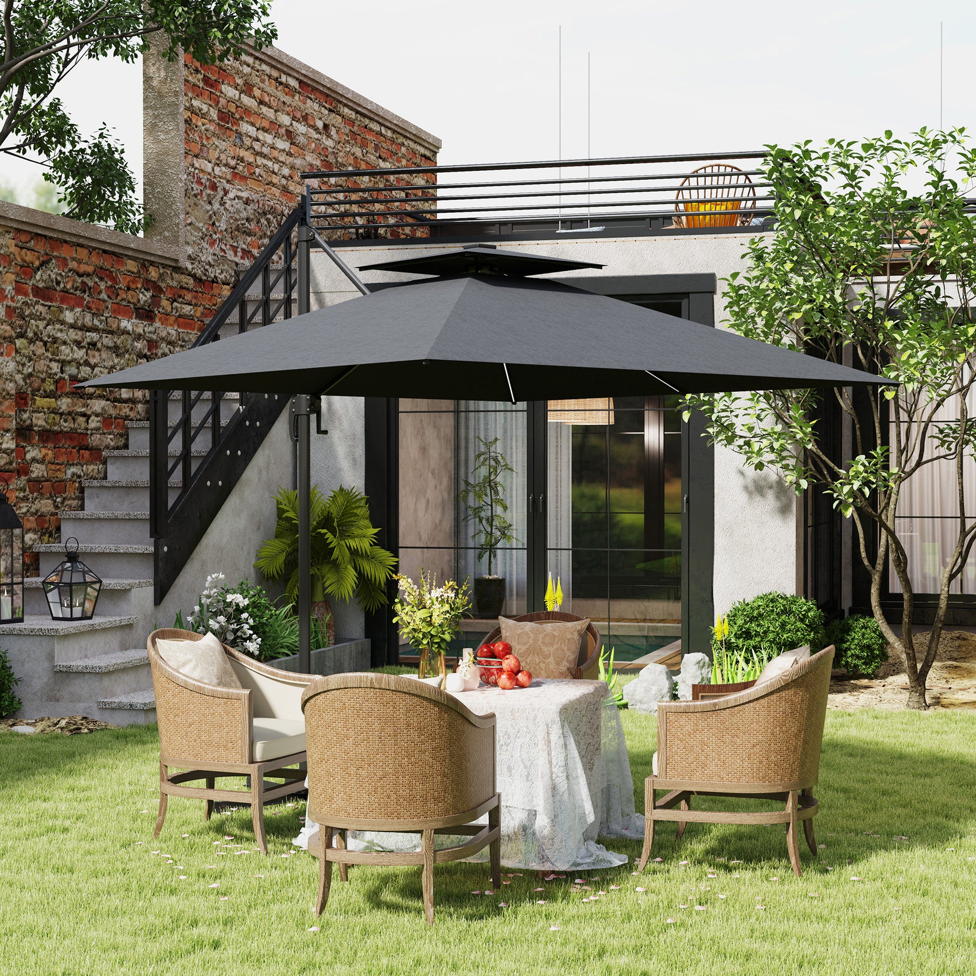 Outsunny 2.5m Cantilever Parasol with Solar Powered LED Lights, 360° Rotation, Tilt Adjustment, Crank Handle, Dark Grey