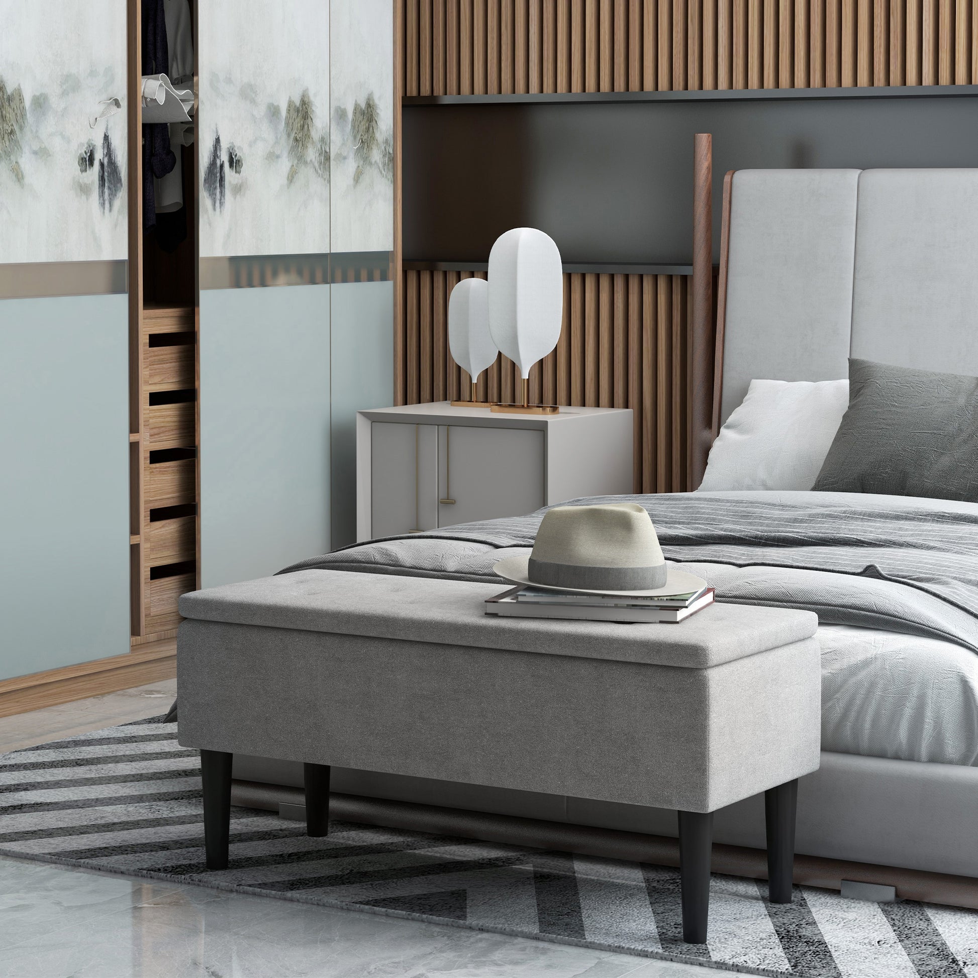 HOMCOM 15" Modern Ottoman Storage Box with Wooden Legs, 47L Storage Ottoman Holds up to 120KG, for Living Room, Bedroom, Grey