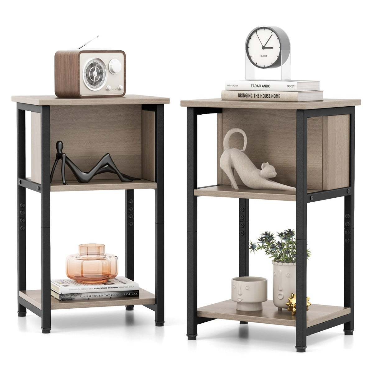 Narrow Sofa Side Table Set of 2 with Storage Shelf for Small Spaces-Grey