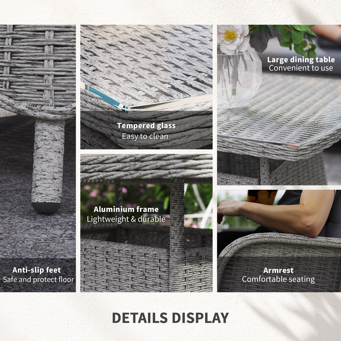 Outsunny Garden PE Rattan Dining Sofa Set, Outdoor 4 Seater Wicker Furniture, High Back Chairs with Cushions, Tempered Glass Coffee Table for Patio, Light Grey