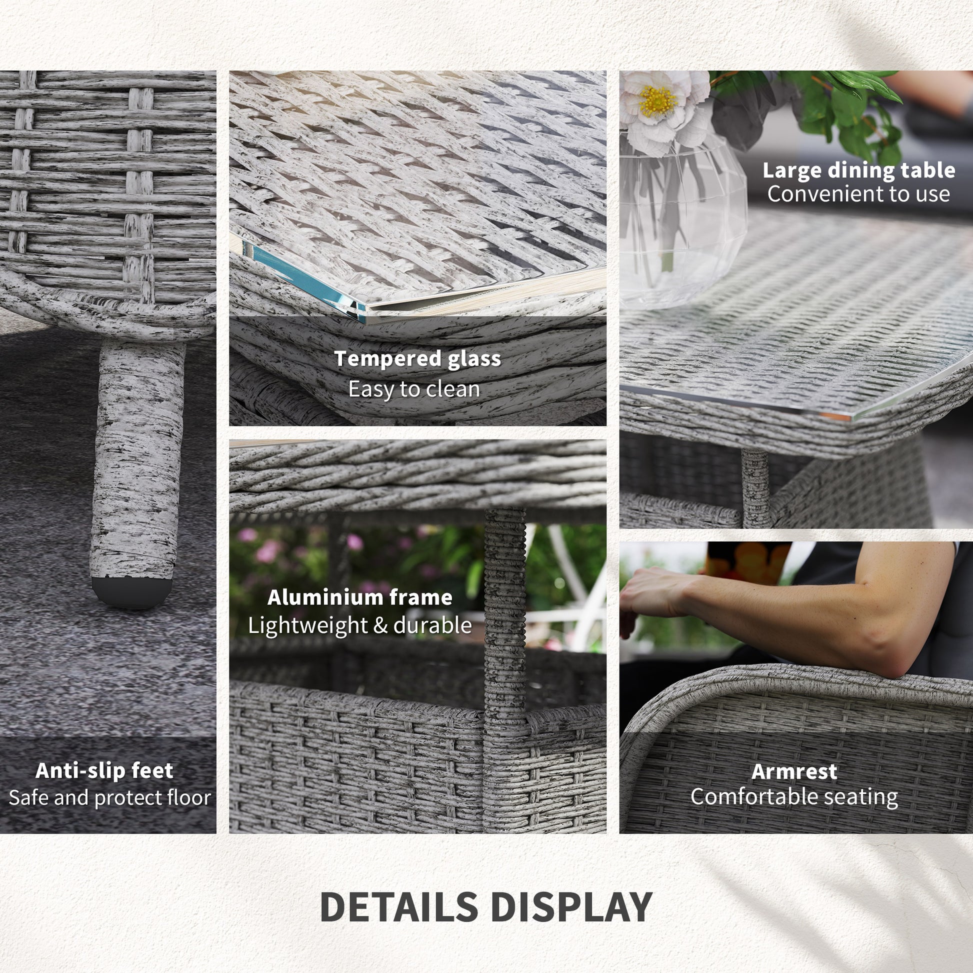 Outsunny Garden PE Rattan Dining Sofa Set, Outdoor 4 Seater Wicker Furniture, High Back Chairs with Cushions, Tempered Glass Coffee Table for Patio, Light Grey