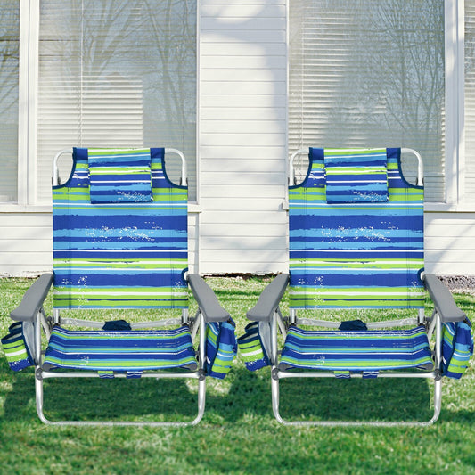 Set of 2 Folding Beach Chair Set with Headrest and Cup Holder-Blue & Green