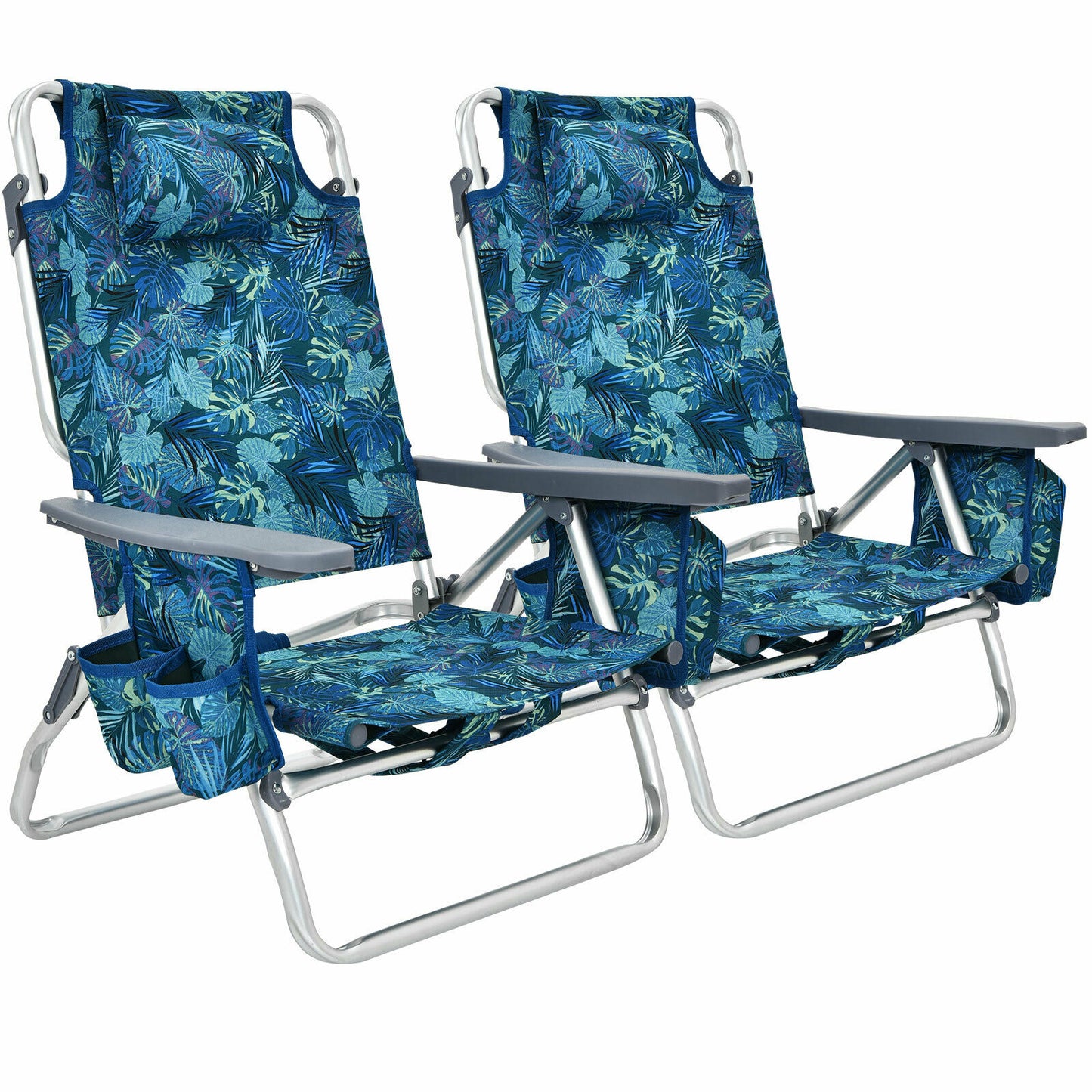 Set of 2 Folding Beach Chair Set with Headrest and Cup Holder-Blue