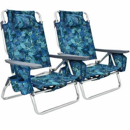 Set of 2 Folding Beach Chair Set with Headrest and Cup Holder-Blue