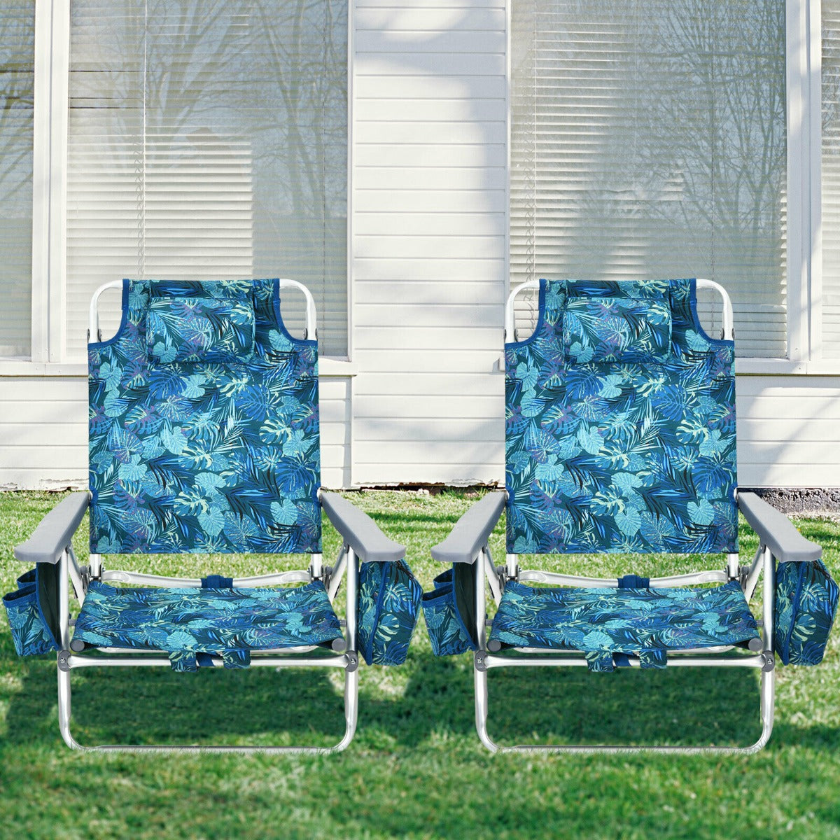 Set of 2 Folding Beach Chair Set with Headrest and Cup Holder-Blue