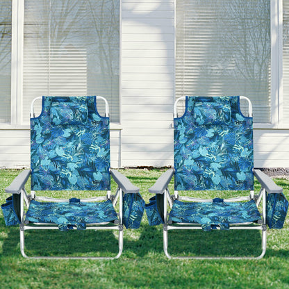 Set of 2 Folding Beach Chair Set with Headrest and Cup Holder-Blue