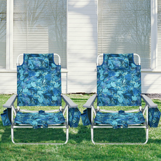 Set of 2 Folding Beach Chair Set with Headrest and Cup Holder-Blue