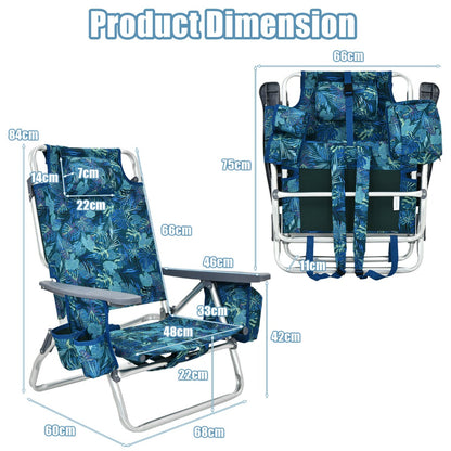 Set of 2 Folding Beach Chair Set with Headrest and Cup Holder-Blue