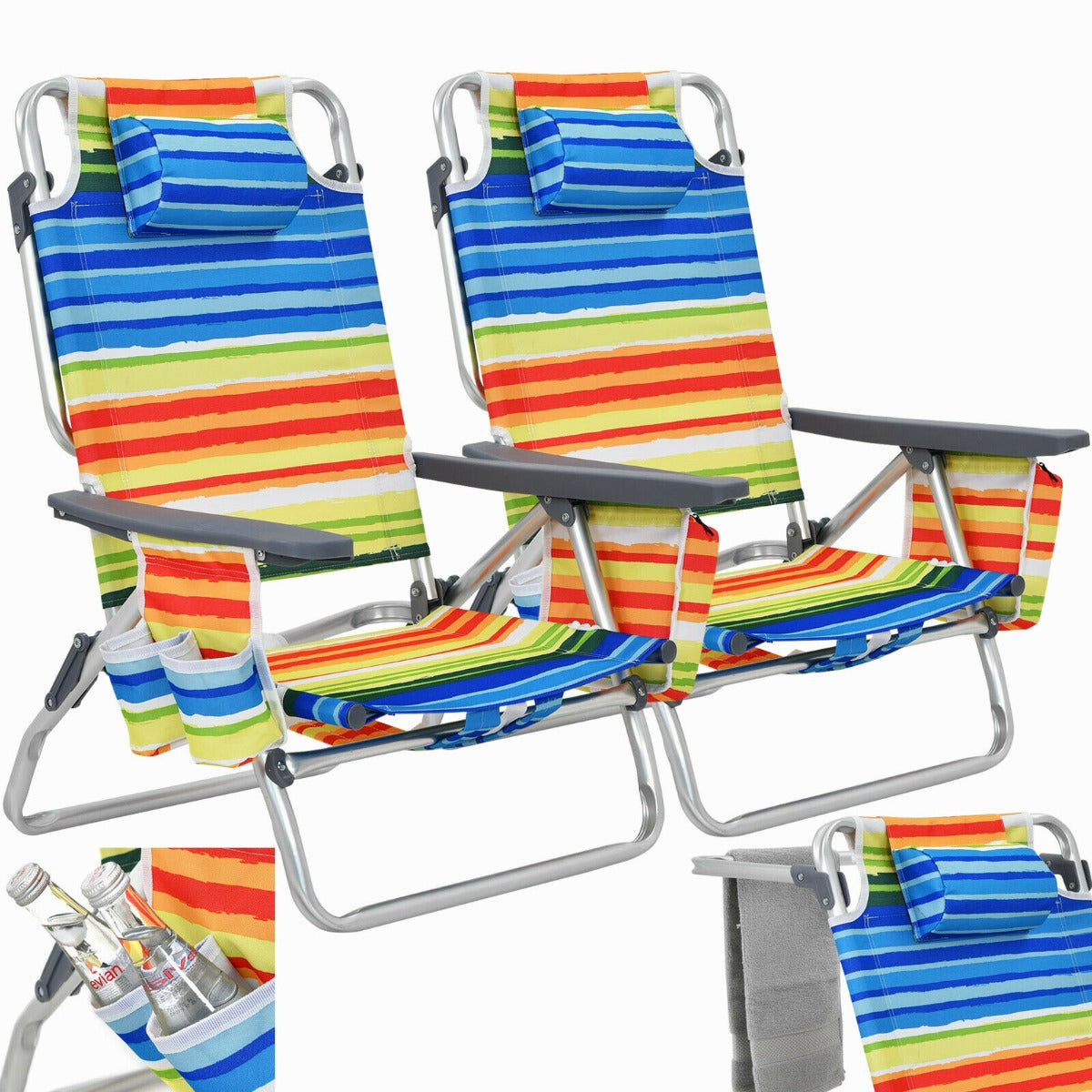 Set of 2 Folding Beach Chair Set with Headrest and Cup Holder-Multicolor