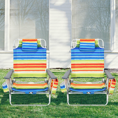 Set of 2 Folding Beach Chair Set with Headrest and Cup Holder-Multicolor