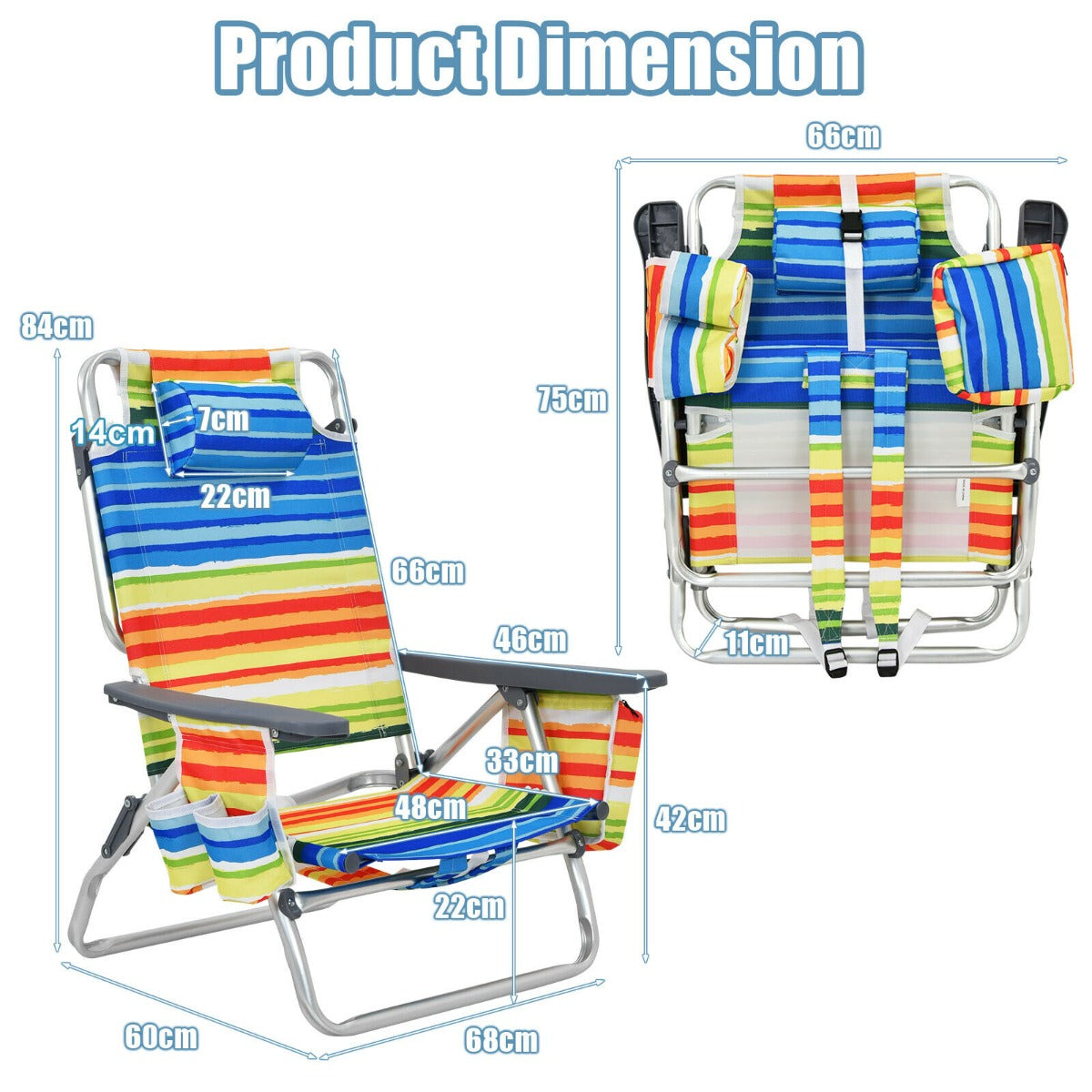 Set of 2 Folding Beach Chair Set with Headrest and Cup Holder-Multicolor