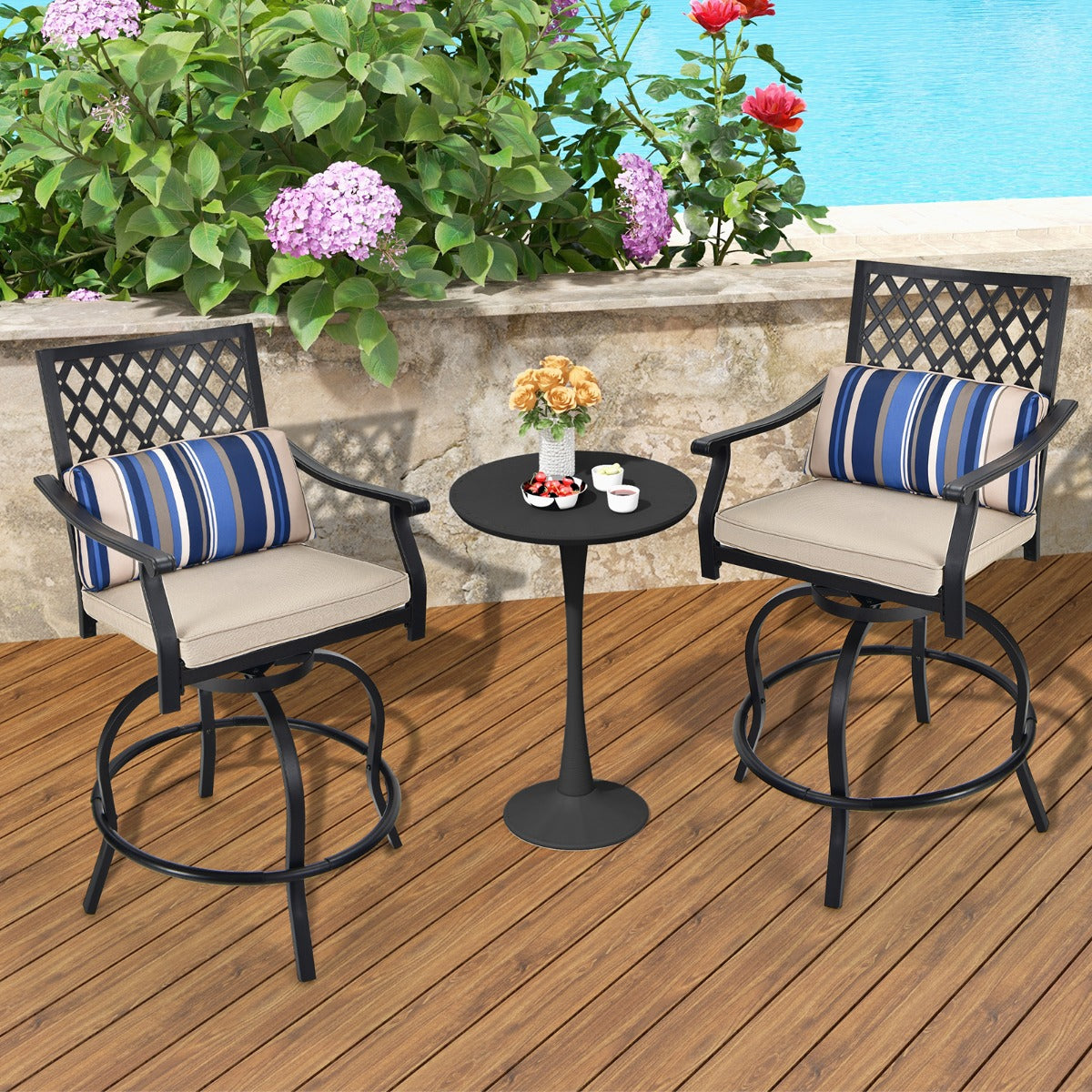 Set of 2 Outdoor Bar Height Chairs with Steel Frame