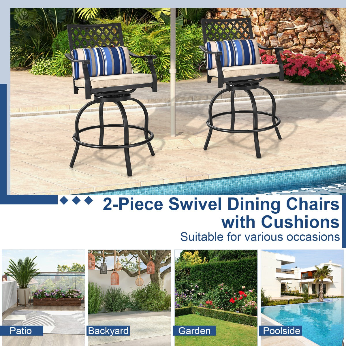 Set of 2 Outdoor Bar Height Chairs with Steel Frame