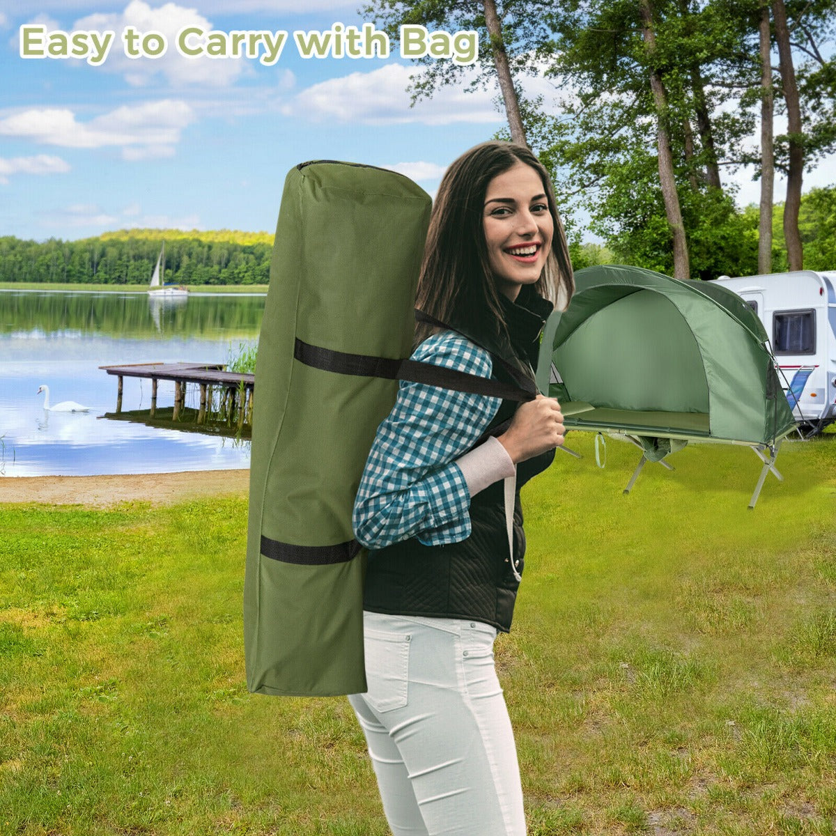 4-In-1 Portable Camping Cot Tent with Automatic Inflatable Mattress-Green