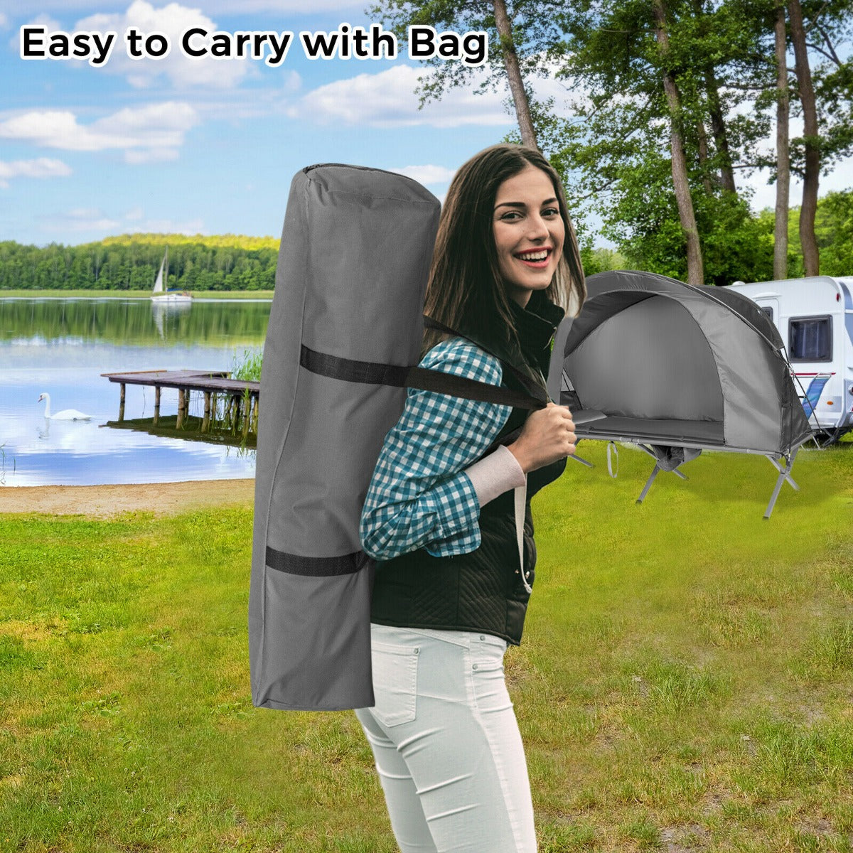 4-In-1 Portable Camping Cot Tent with Automatic Inflatable Mattress-Grey