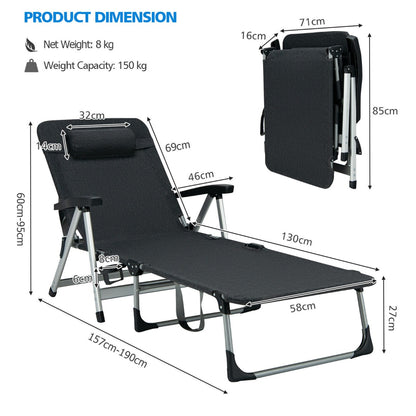 Folding Outdoor Chaise Lounger with Detachable Pillow and Cup Holder-Black