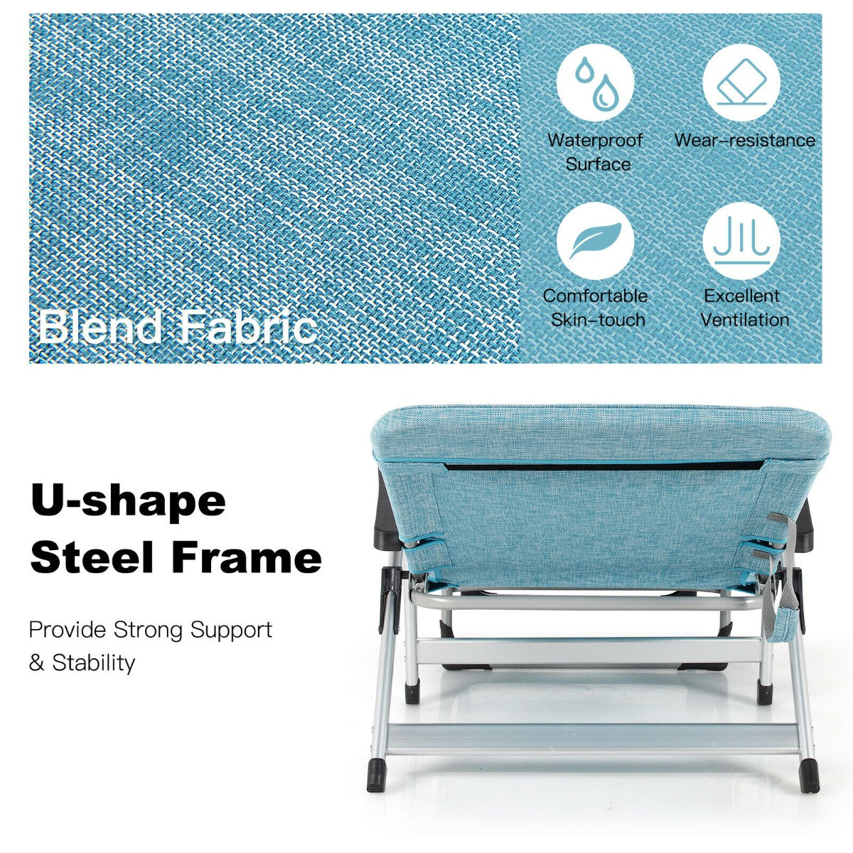 Folding Outdoor Chaise Lounger with Detachable Pillow and Cup Holder-Blue