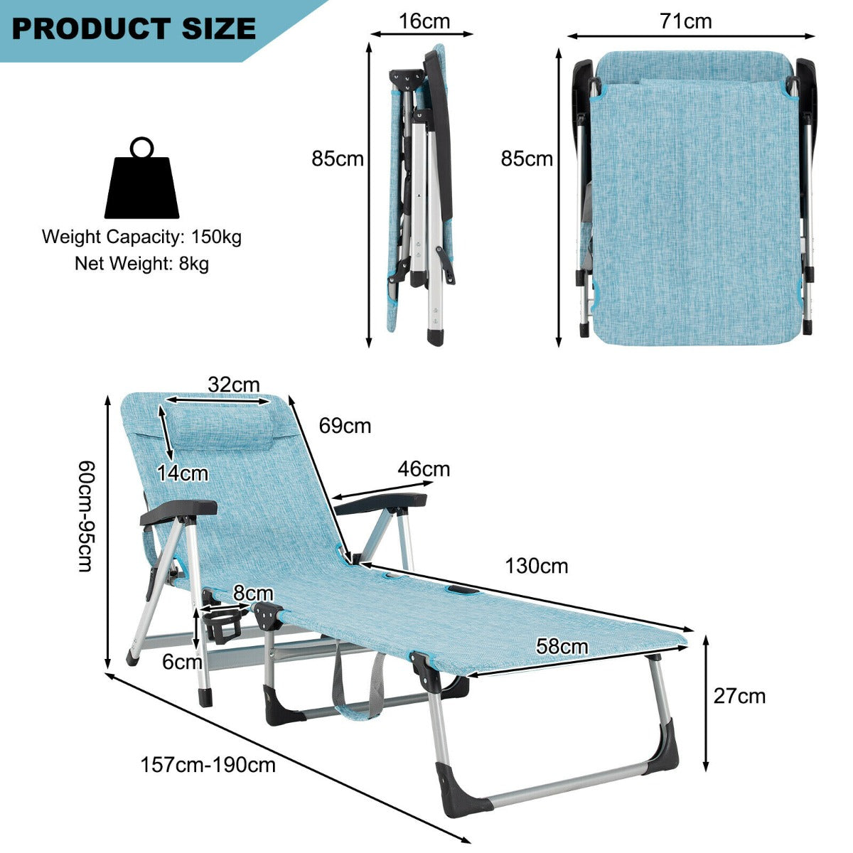 Folding Outdoor Chaise Lounger with Detachable Pillow and Cup Holder-Blue