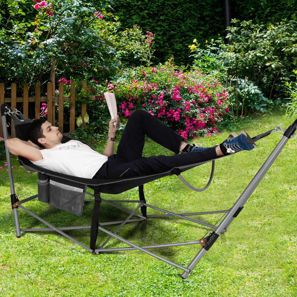 Folding Hammock with Carrying Bag for Patio &amp; Beach-Black