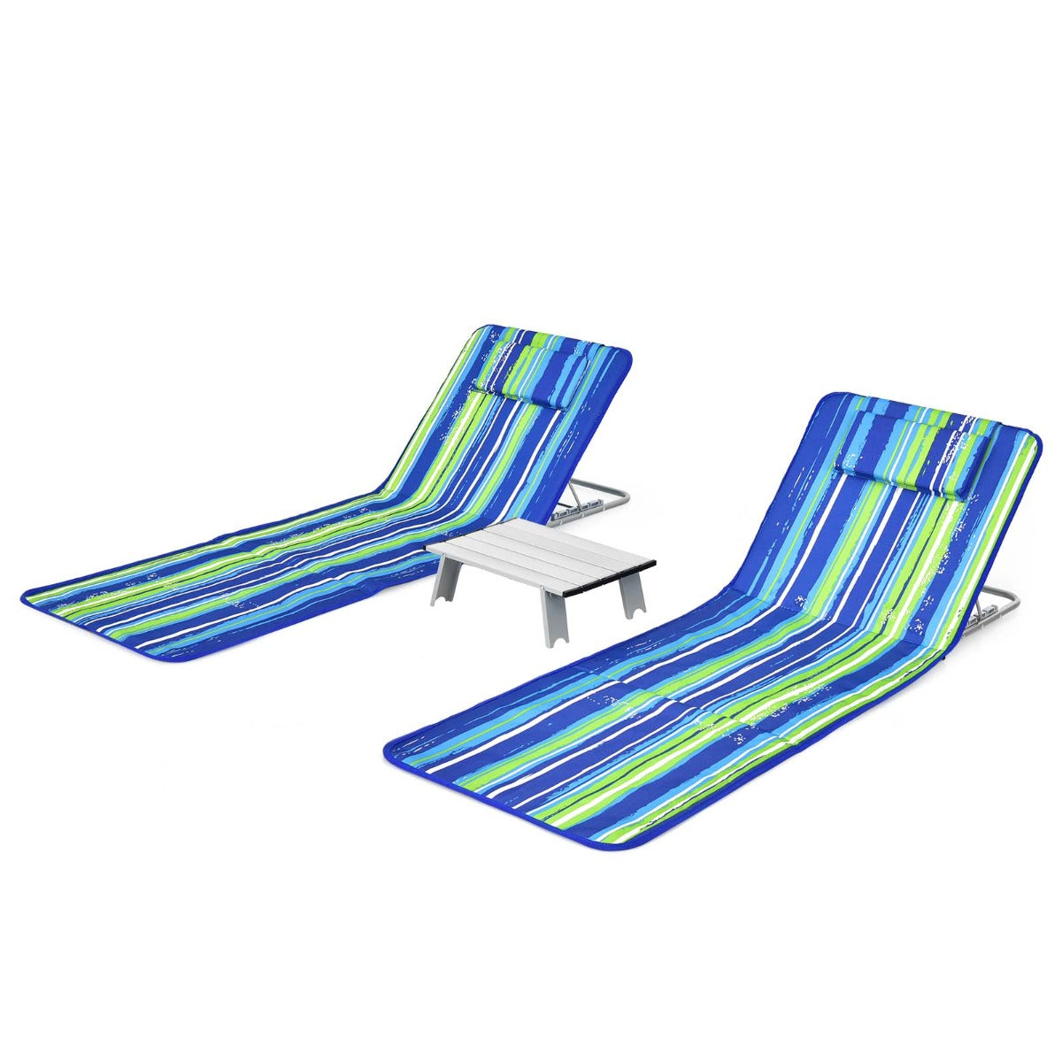 3-Piece Beach Mat Set with 2 Lounge Chairs and Side Table-Blue