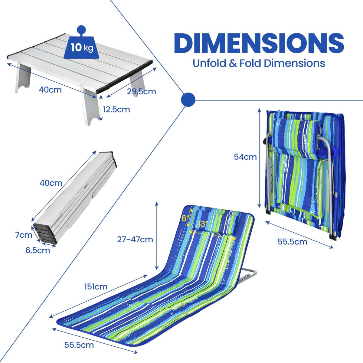 3-Piece Beach Mat Set with 2 Lounge Chairs and Side Table-Blue