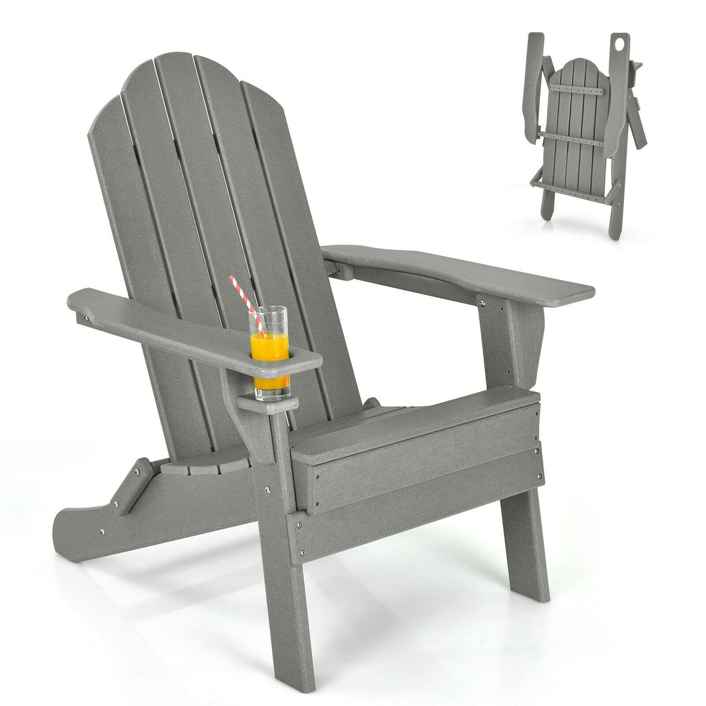 Folding Garden Adirondack Chair with Built-in Cup Holder-Grey
