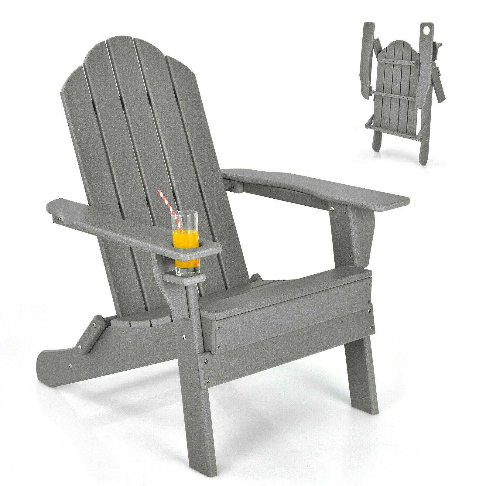 Folding Garden Adirondack Chair with Built-in Cup Holder-Grey